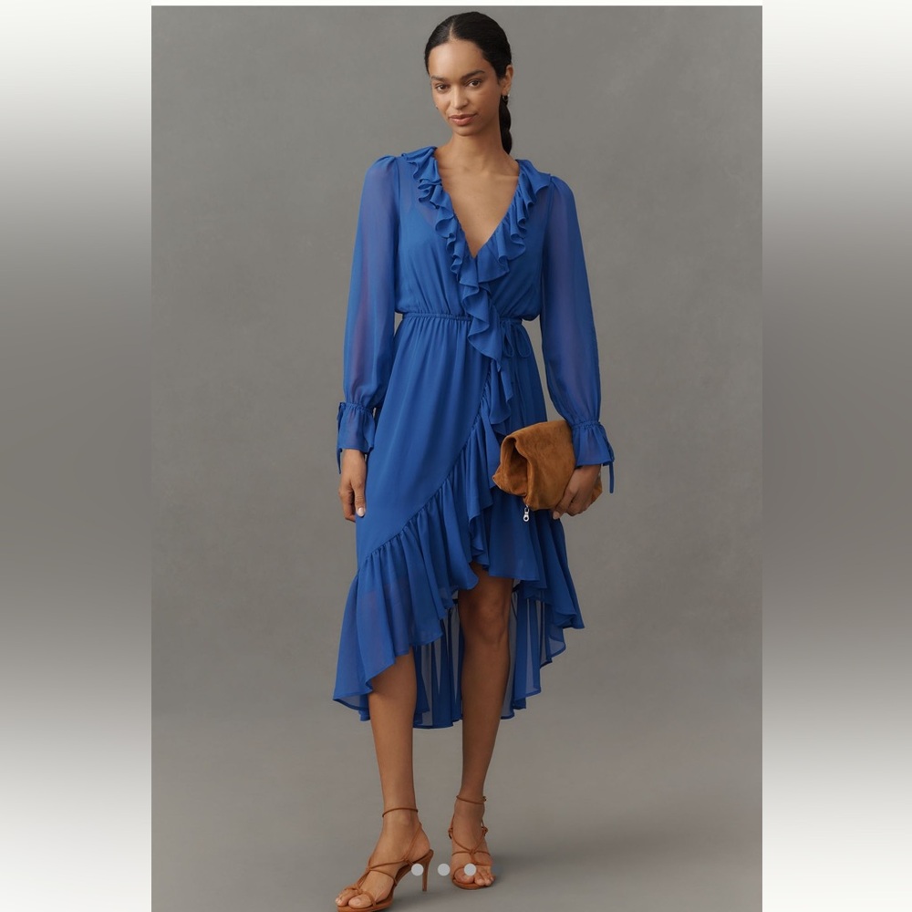 ANTHROPOLOGIE long sleeve ruffled asymmetric midi dress